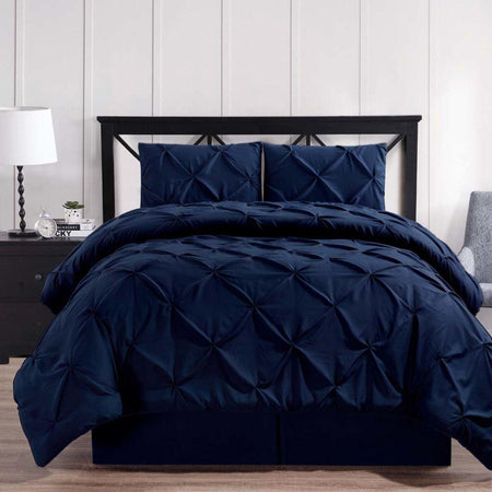 Navy Oxford Double Needle Luxury Soft Pinch Pleated Comforter Set-Wholesale Beddings