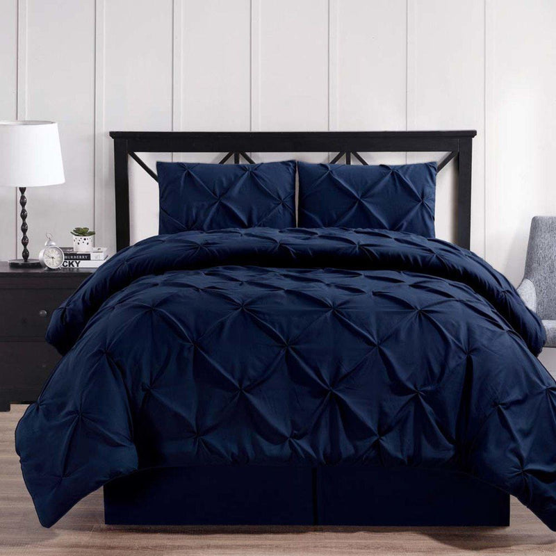 Navy Oxford Double Needle Luxury Soft Pinch Pleated Comforter Set-Wholesale Beddings