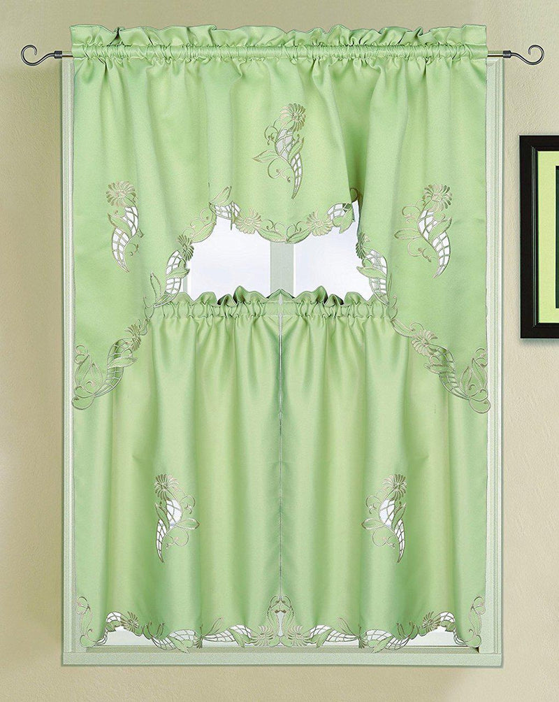 Sydney Luxury Embroidered and Hand Cutwork Kitchen Curtain 3 Piece Set-Wholesale Beddings